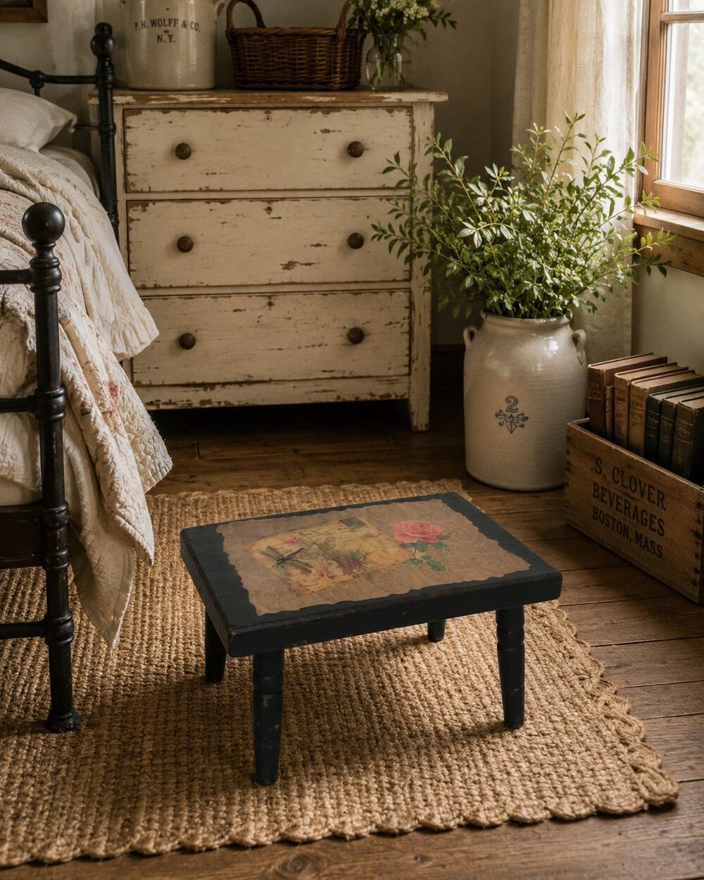 Vintage 70s Step or Foot Stool Made Over Rustic Farmhouse Cottagecore Country